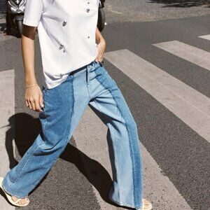 ZARA PATCHWORK HIGH WAIST Z1975 STRAIGHT LEG JEANS